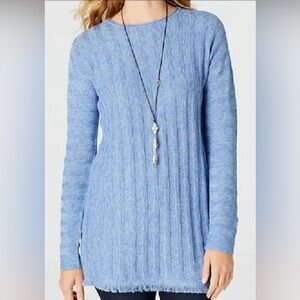 J. Jill M Blue Marled Fringed Hem Tunic Sweater w/ Decorative Back Buttons
